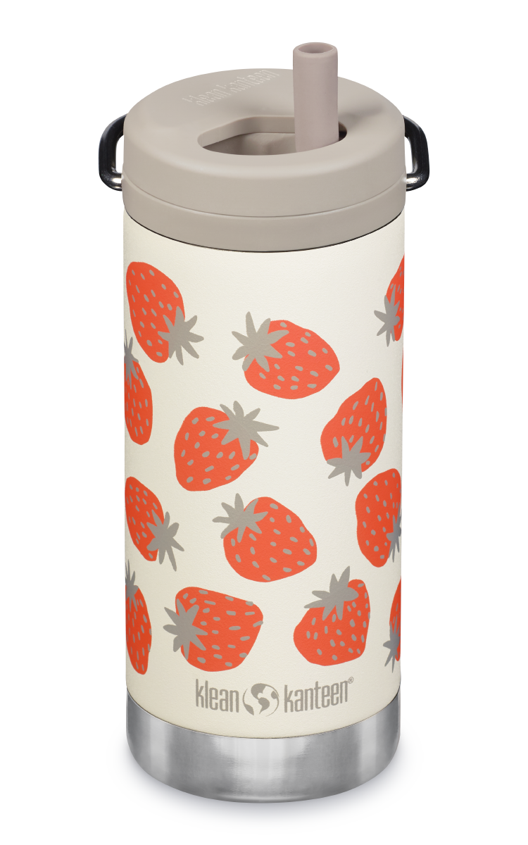 Klean Kanteen TKWide Krämvit Termoflaska med Jordgubbsmönster i Rostfritt Stål 355 ml (twist Cap) – Strawberries