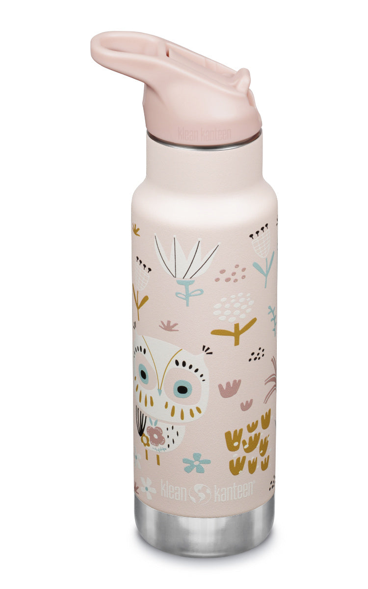 Klean Kanteen Insulated Kid Classic Narrow Rosa Isolerad Barnflaska med Ugglemotiv i Rostfritt Stål 355 ml (flip Seal Sport Cap) – Owlet