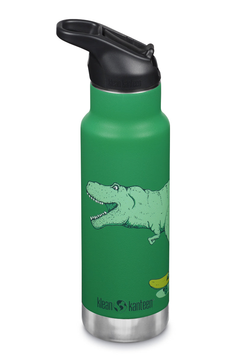 Klean Kanteen Insulated Kid Classic Narrow Grön Isolerad Barnflaska med Dinosauriemotiv i Rostfritt Stål 355 ml (flip Seal Sport Cap) – Dino Skate