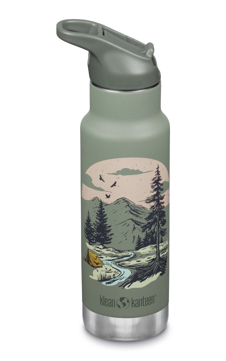 Klean Kanteen Insulated Kid Classic Narrow Grön Isolerad Barnflaska med Bergsmotiv i Rostfritt Stål 355 ml (flip Seal Sport Cap) – Mountain Scape