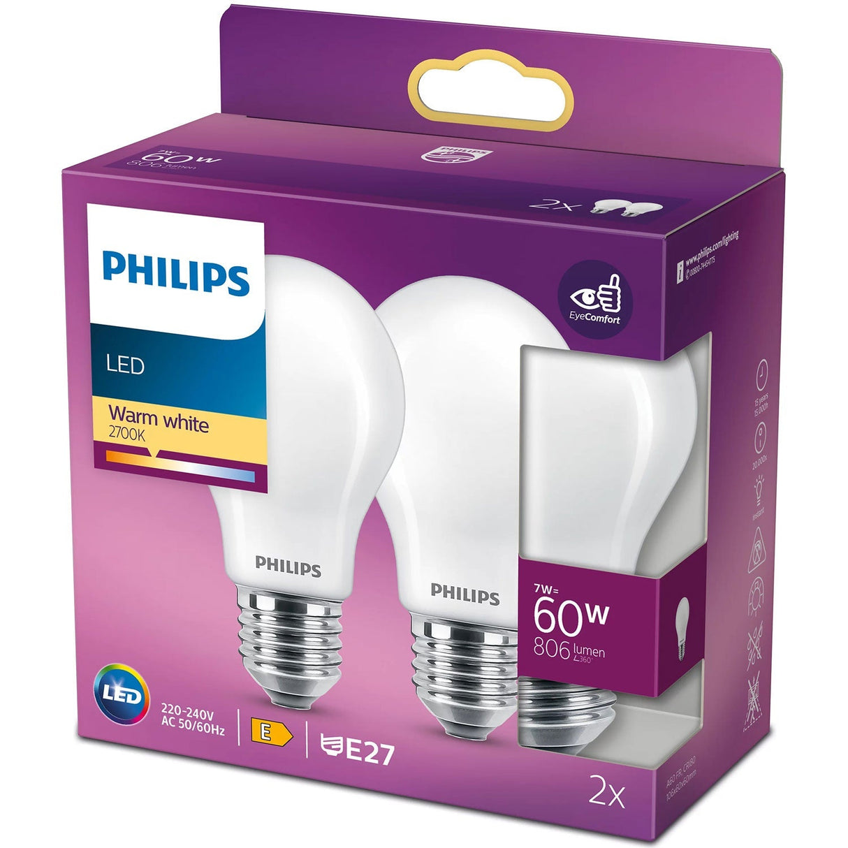 Philips 2-pack LED E27 Normal 60W Frost 806lm