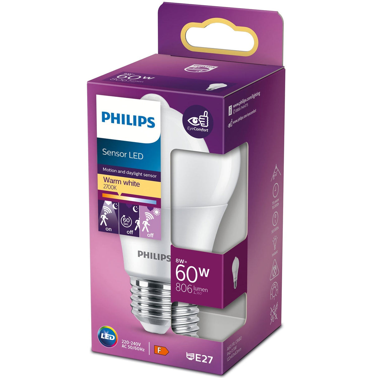 Philips LED E27 Normal 60W Rörelsesensor 806lm