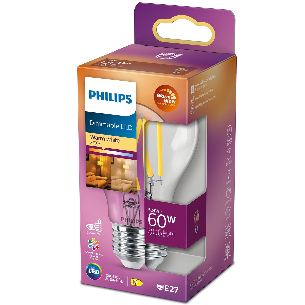Philips LED E27 Normal 5,9W (60W) Klar Dimbar WarmGlow 806lm