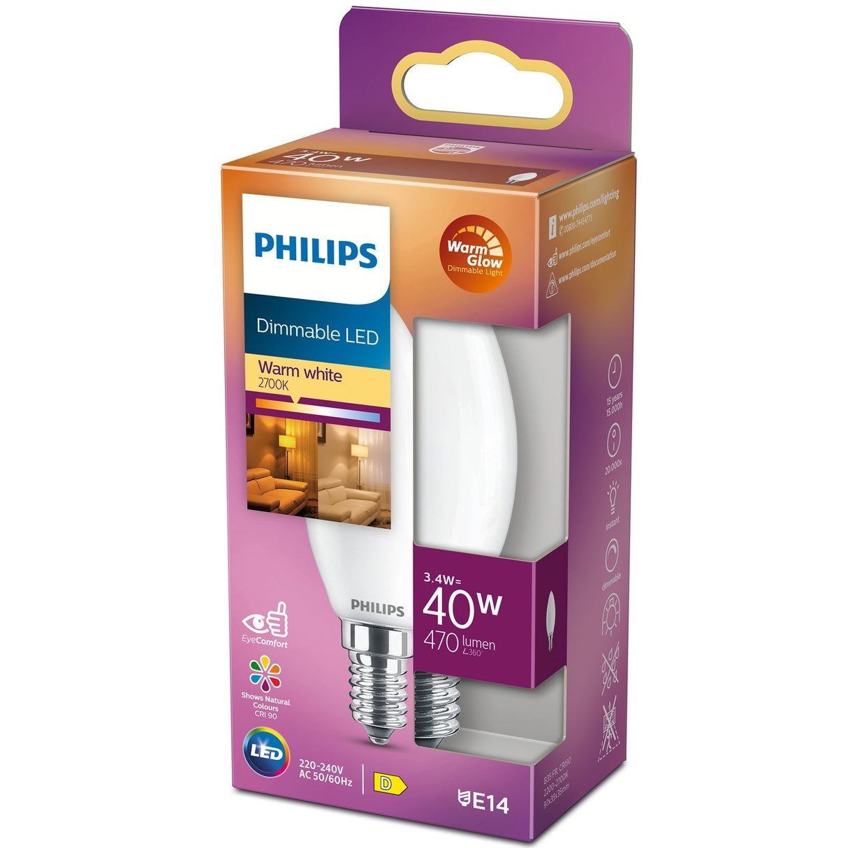Philips LED E14 Kron 3,4 W (40 W) Frost Dim WarmGlow 470 lm
