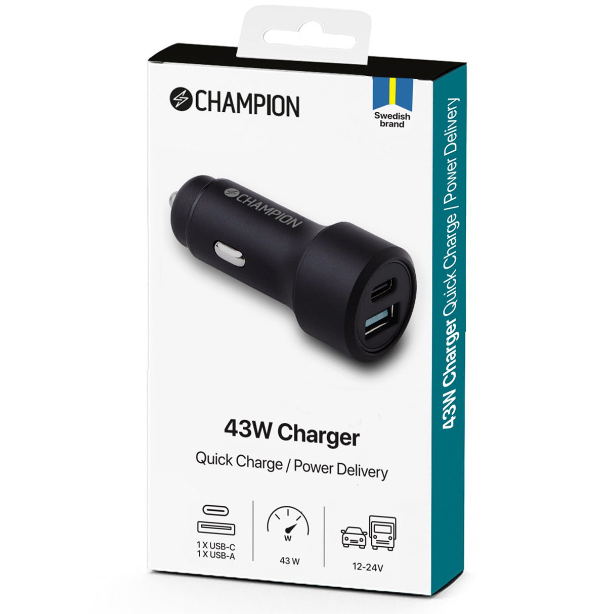 Champion Billaddare 43W 2-Port QC/PD - Svart