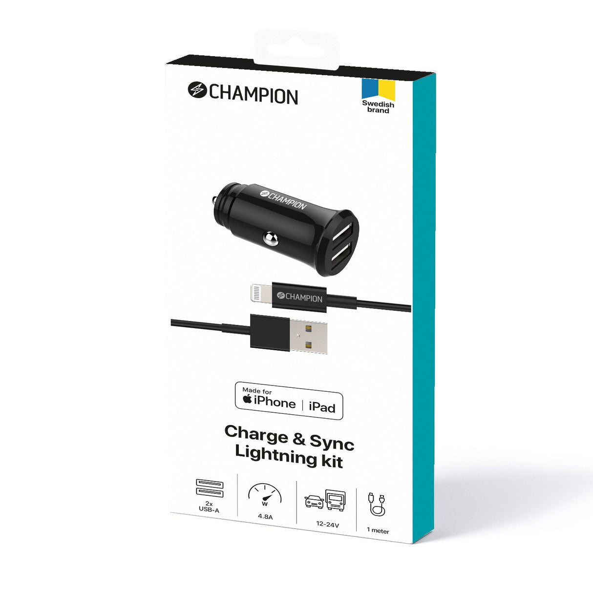 Champion Billaddare 24W + USB-A till Lightning Kabel Svart