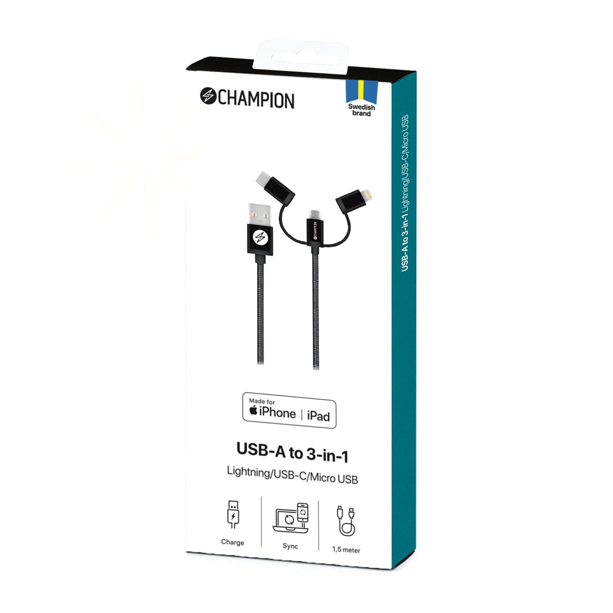 Champion USB-A till Lightning, USB-C och Micro-USB 1,5m - Svart