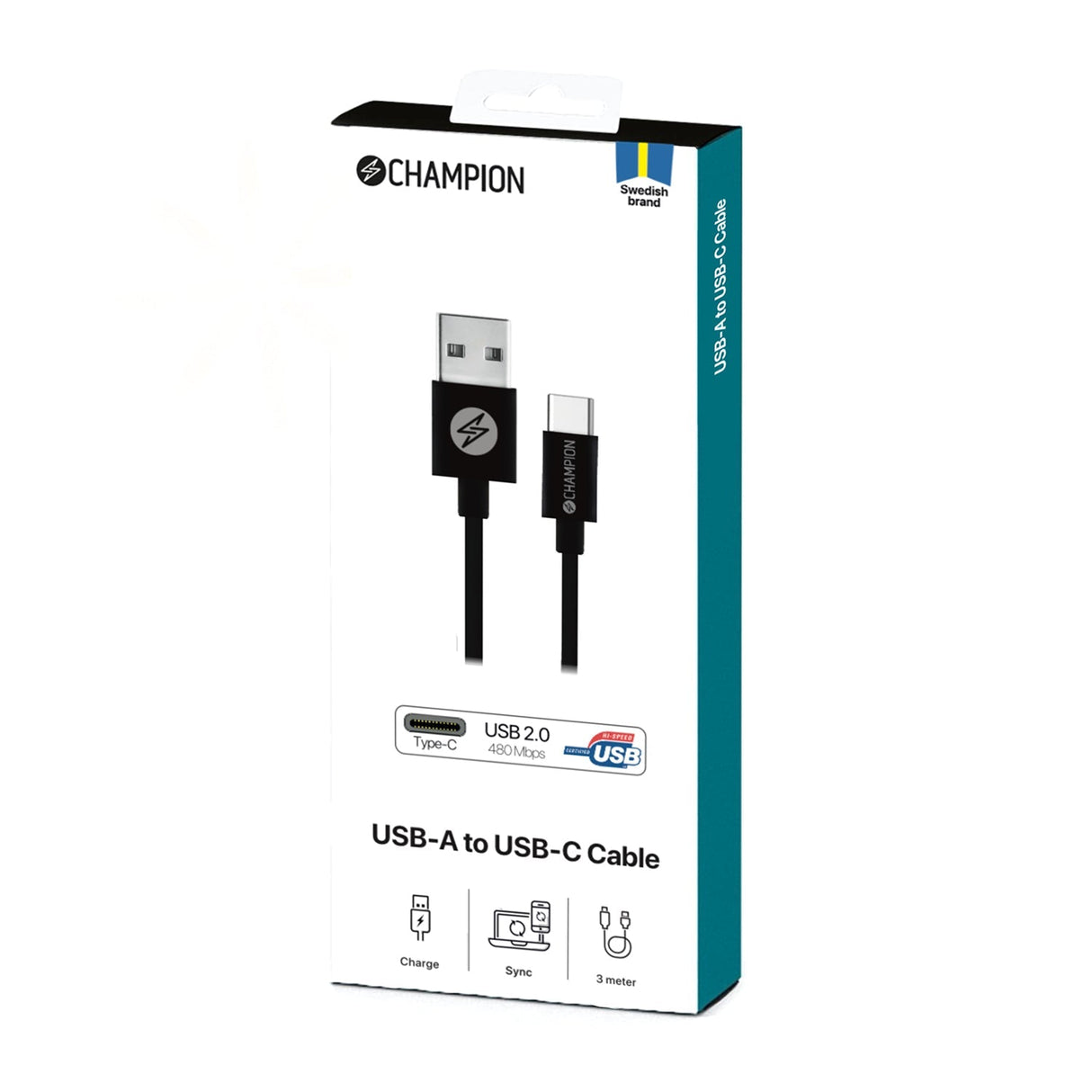 Champion USB-A till USB-C Kabel 3m - Svart