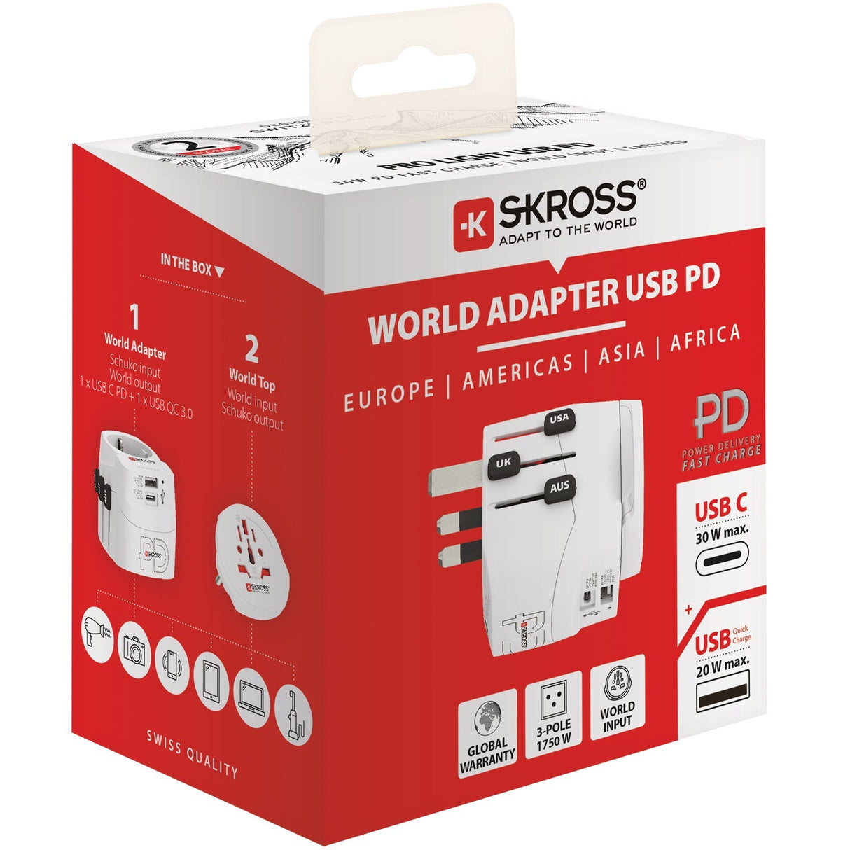 SKROSS Världsreseadapter PRO Light USB AC30PD – World PD 30W Jordad