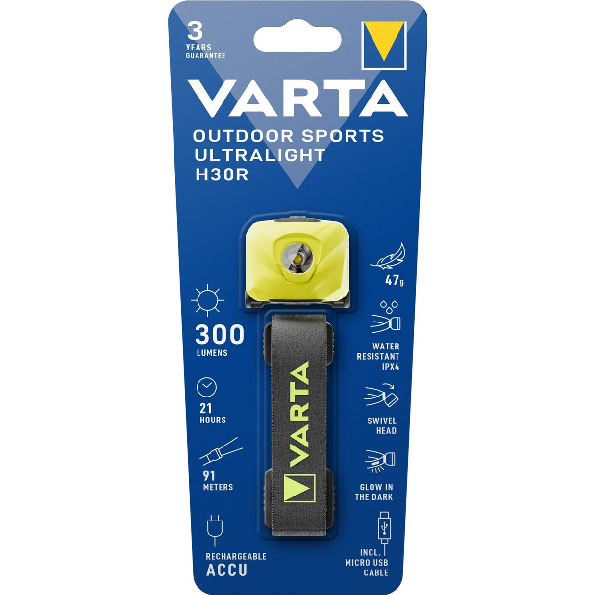 Varta Outdoor Sports Ultralight H30R Pannlampa – 300 Lm Gul