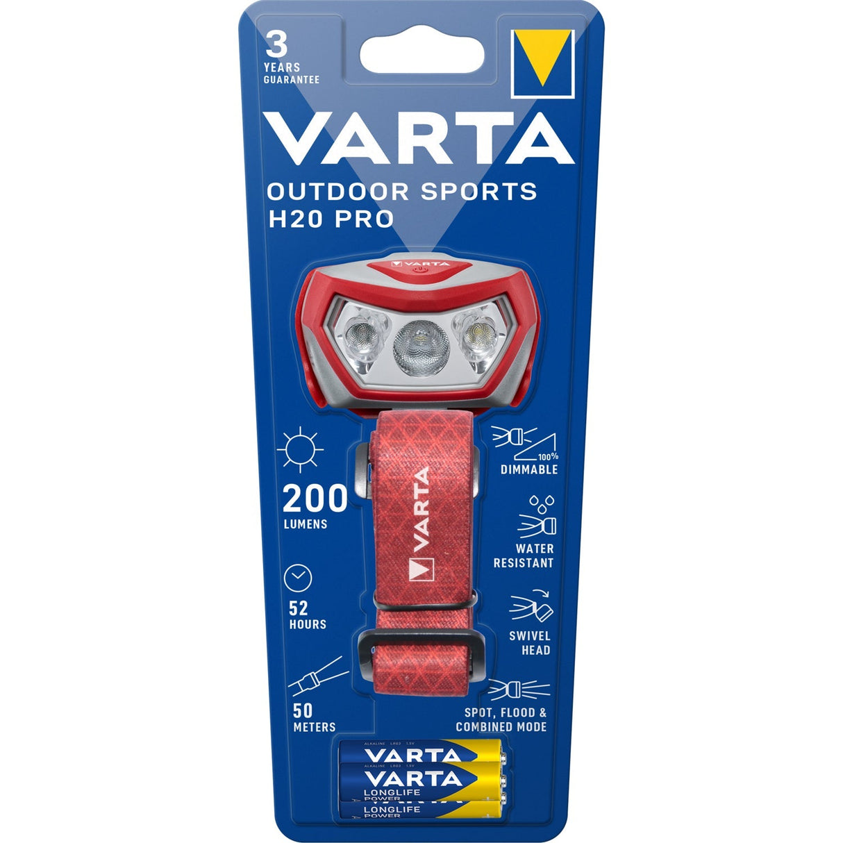 Varta Outdoor Sports H20 Pro Pannlampa – 200 Lm Röd