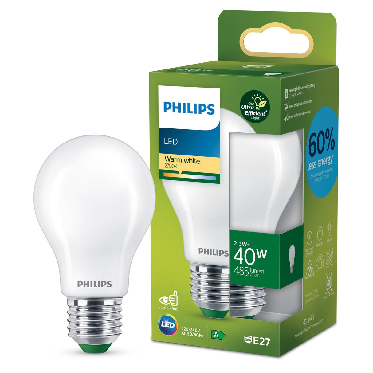 Philips Led E27 Normal 2,3W (40W) Frostad 485Lm 2700K Energiklass A