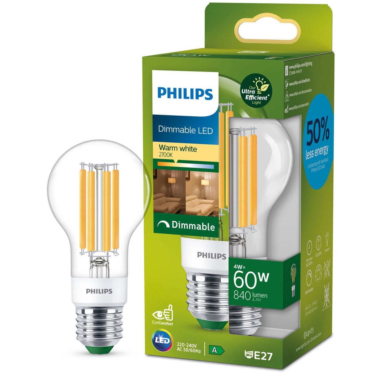 Philips Led E27 Normal 4W (60W) Klar Dimbar 840Lm 2700K Energiklass A