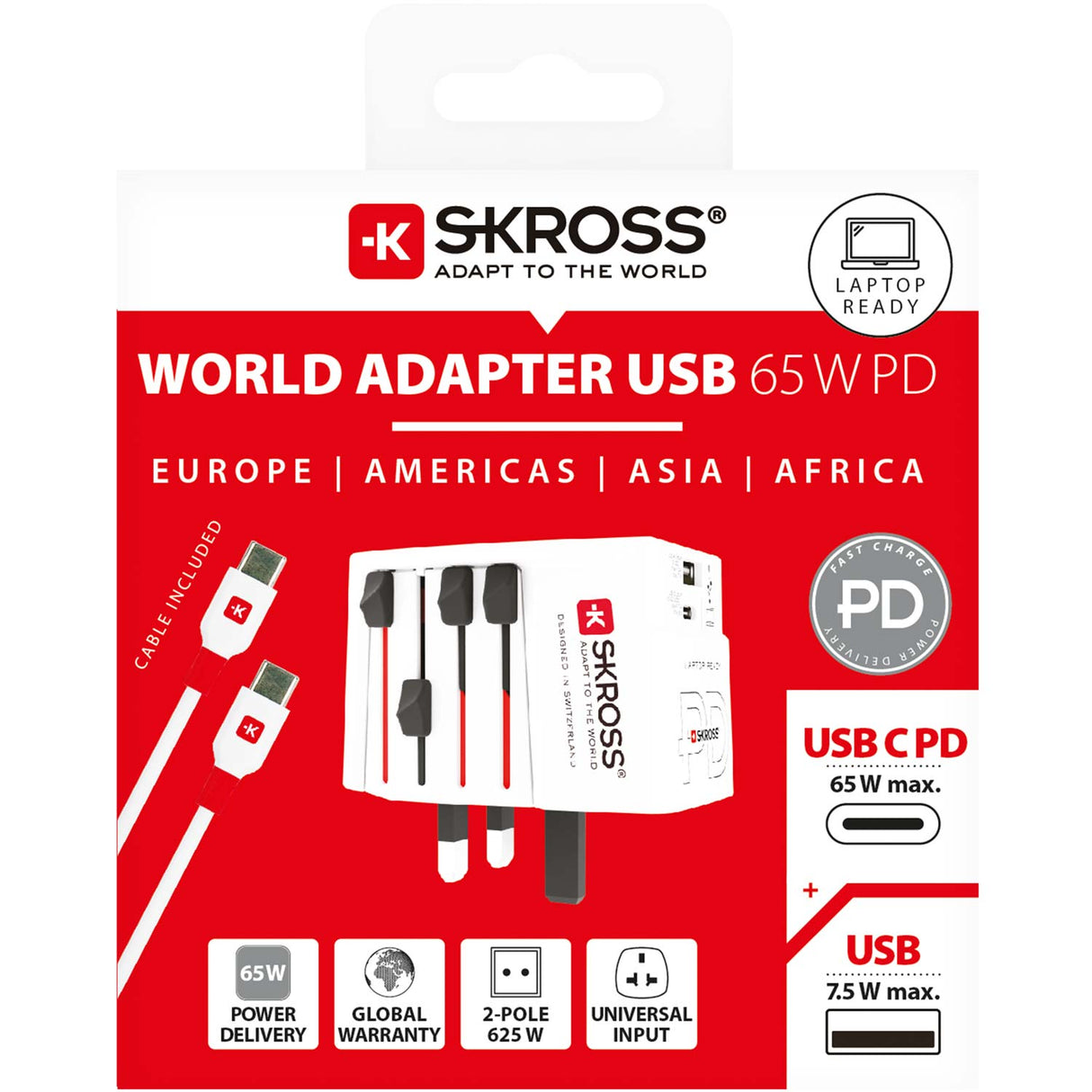 SKROSS Världsreseadapter MUV USB AC65PD – USB-A + USB-C PD 65W Ojordad