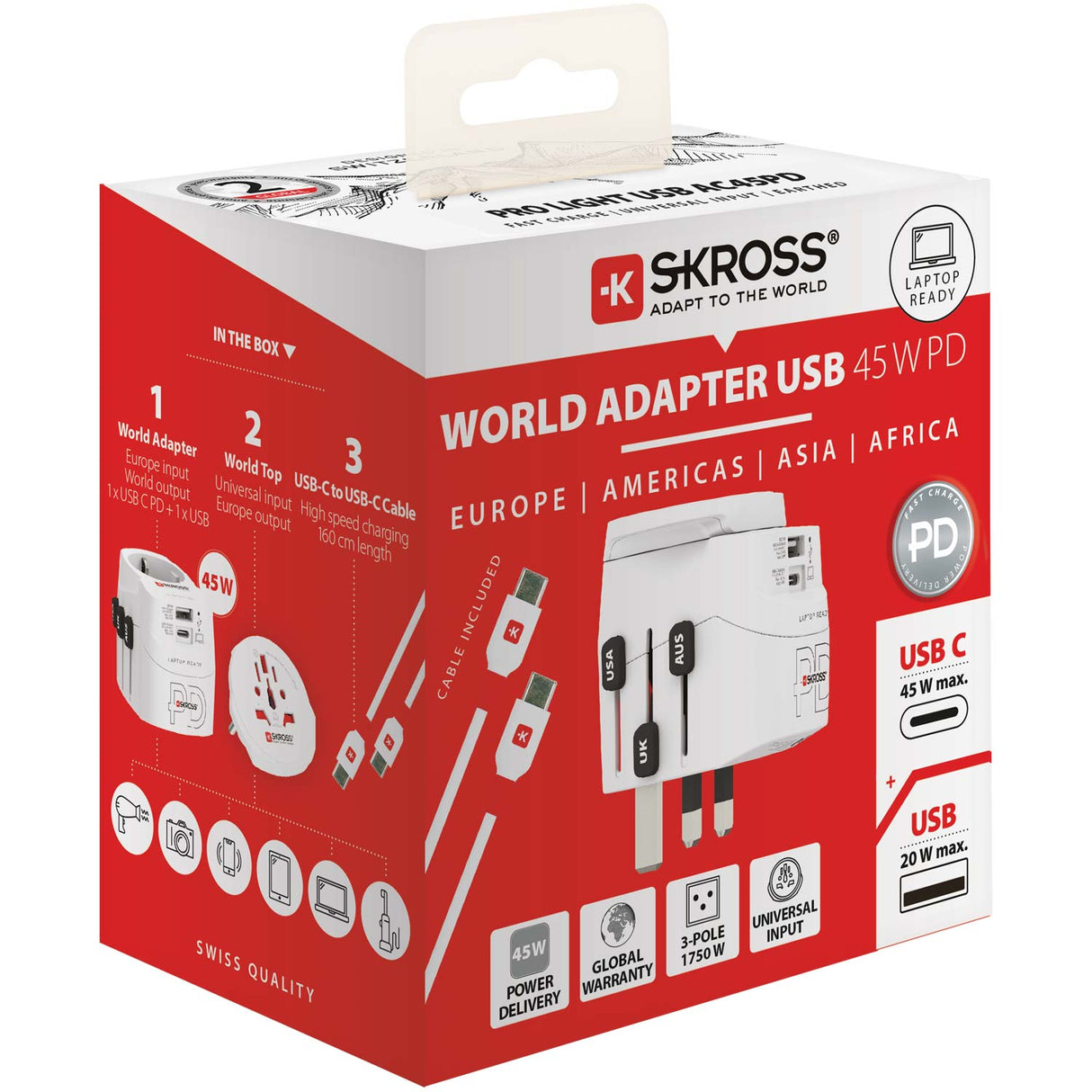 SKROSS Världsreseadapter PRO Light USB AC45PD – World PD 45W Jordad