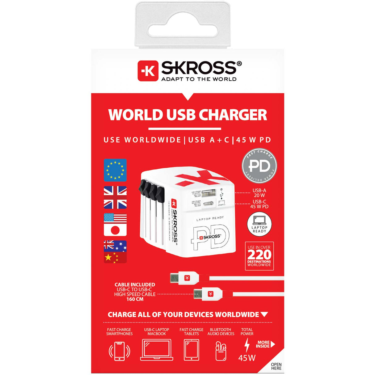 SKROSS Världsreseladdare AC45PD – USB-A + USB-C PD 45W Ojordad