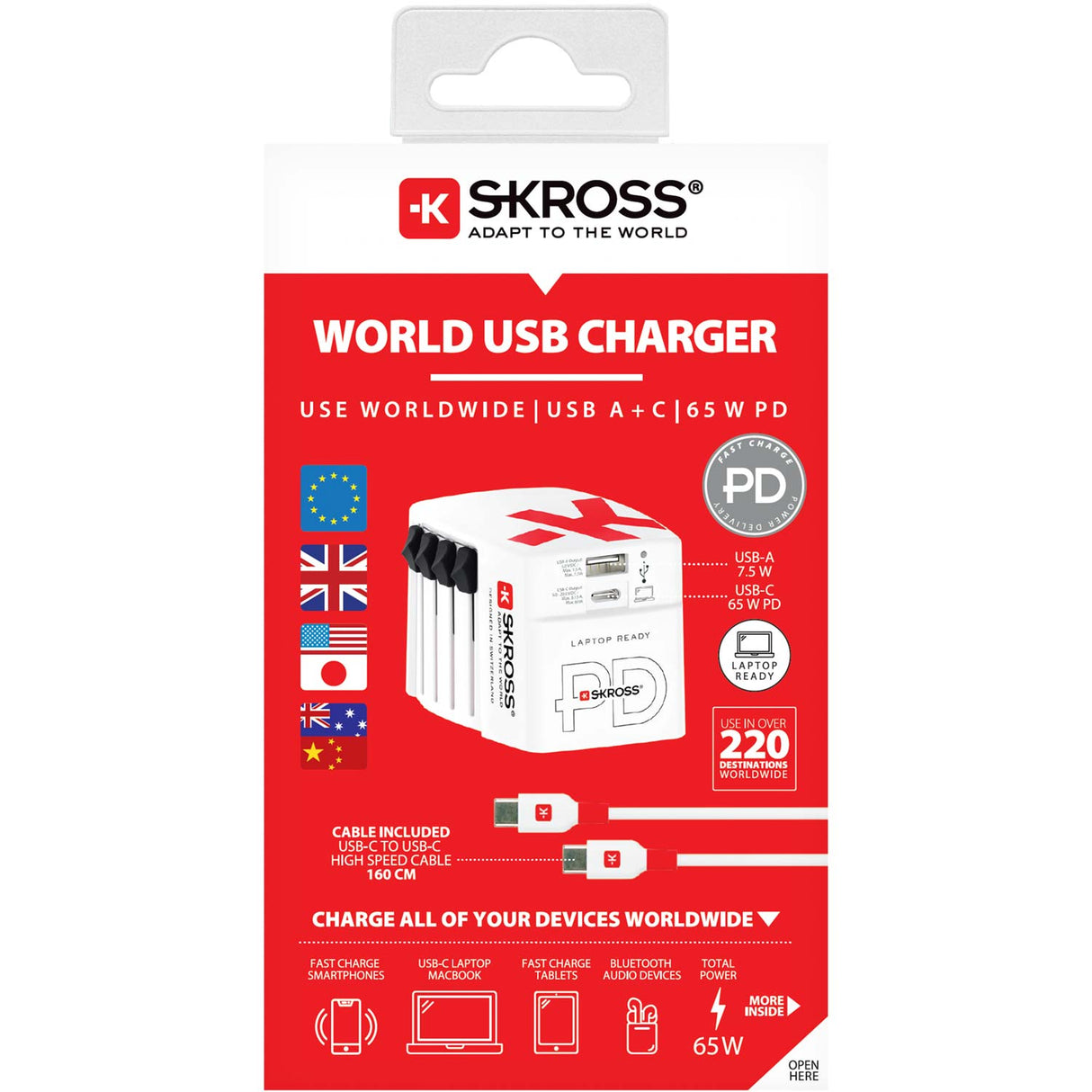 SKROSS Världsreseladdare AC65PD – USB-A + USB-C PD 65W Jordad