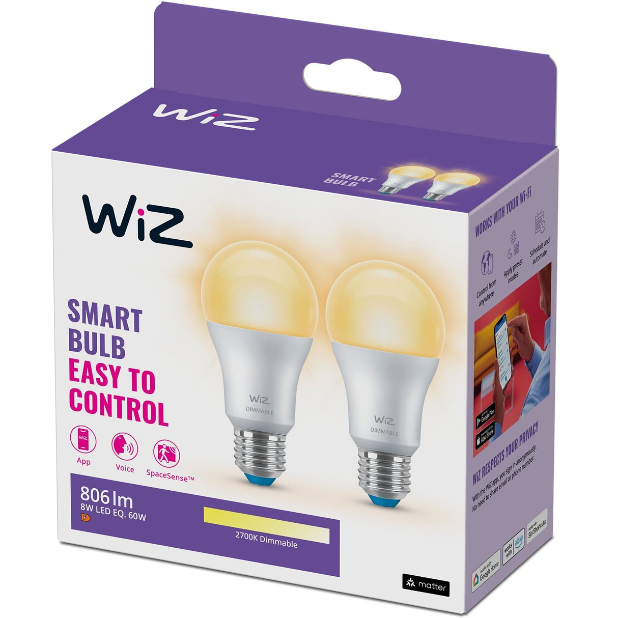 Wiz Wifi Smart Led E27 Normal 60W 806Lm Dimbar Varmvit 2-Pack