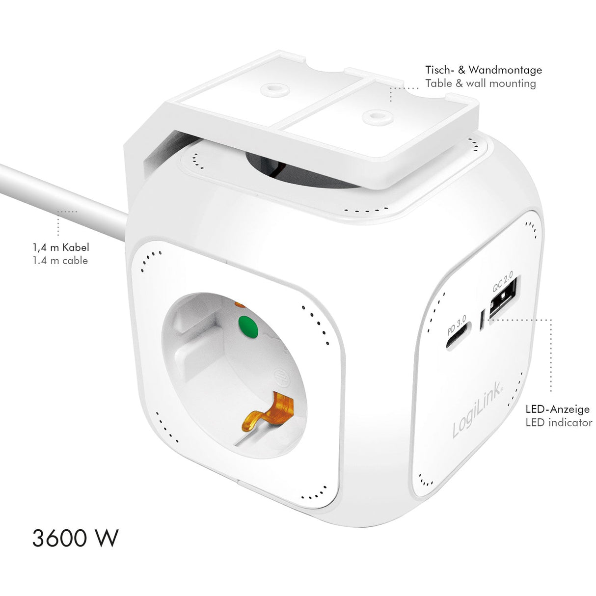 Logilink Power Cube Multi-Grenuttag + Usb-A/Usb-C Pd 20W