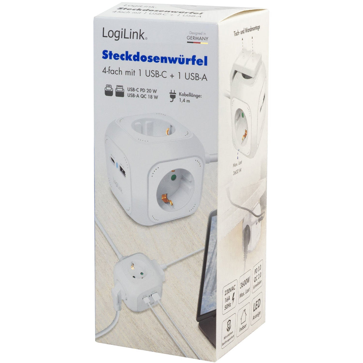 Logilink Power Cube Multi-Grenuttag + Usb-A/Usb-C Pd 20W