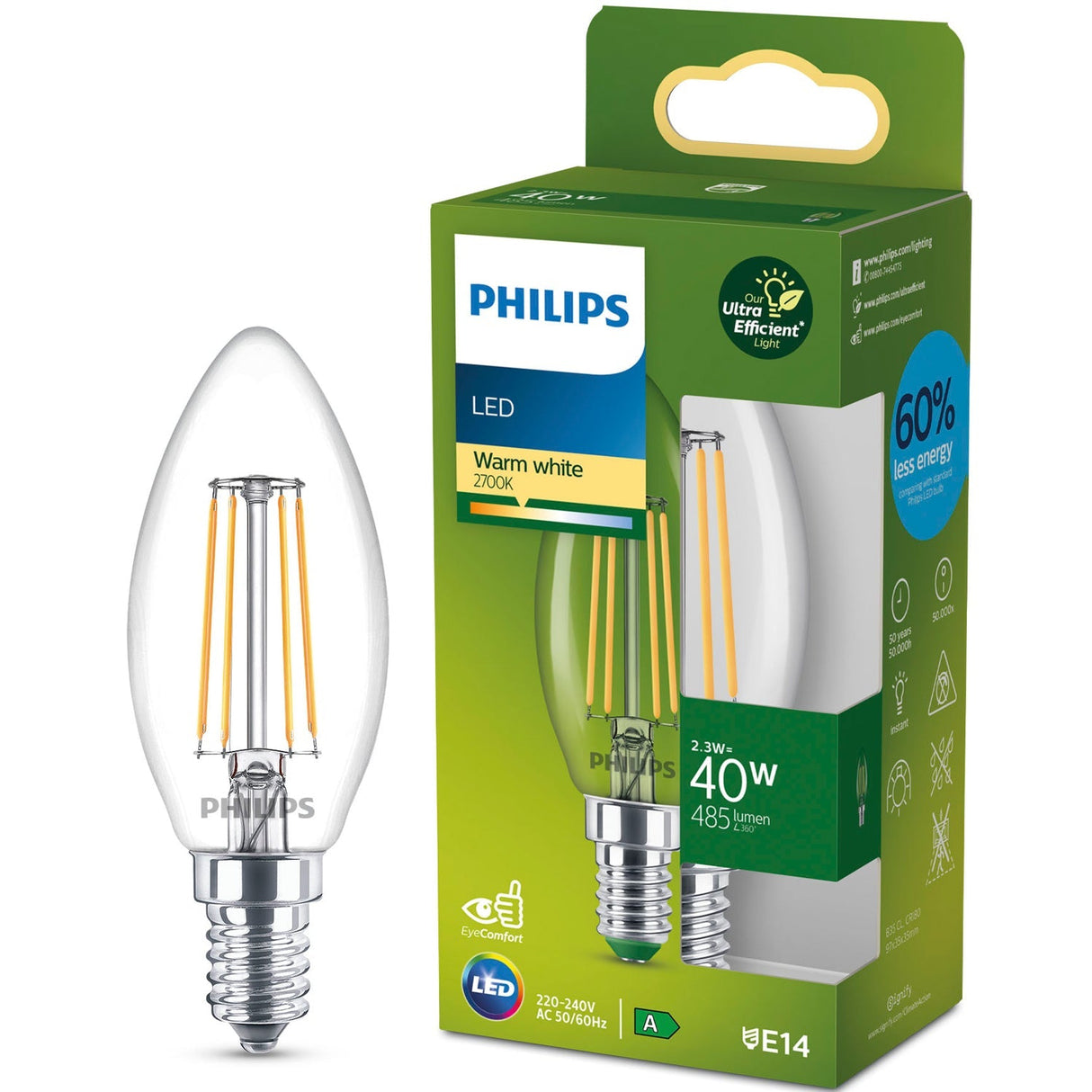 Philips Led E14 Kron B35 2,3W (40W) Klar 485Lm 2700K Energiklass A