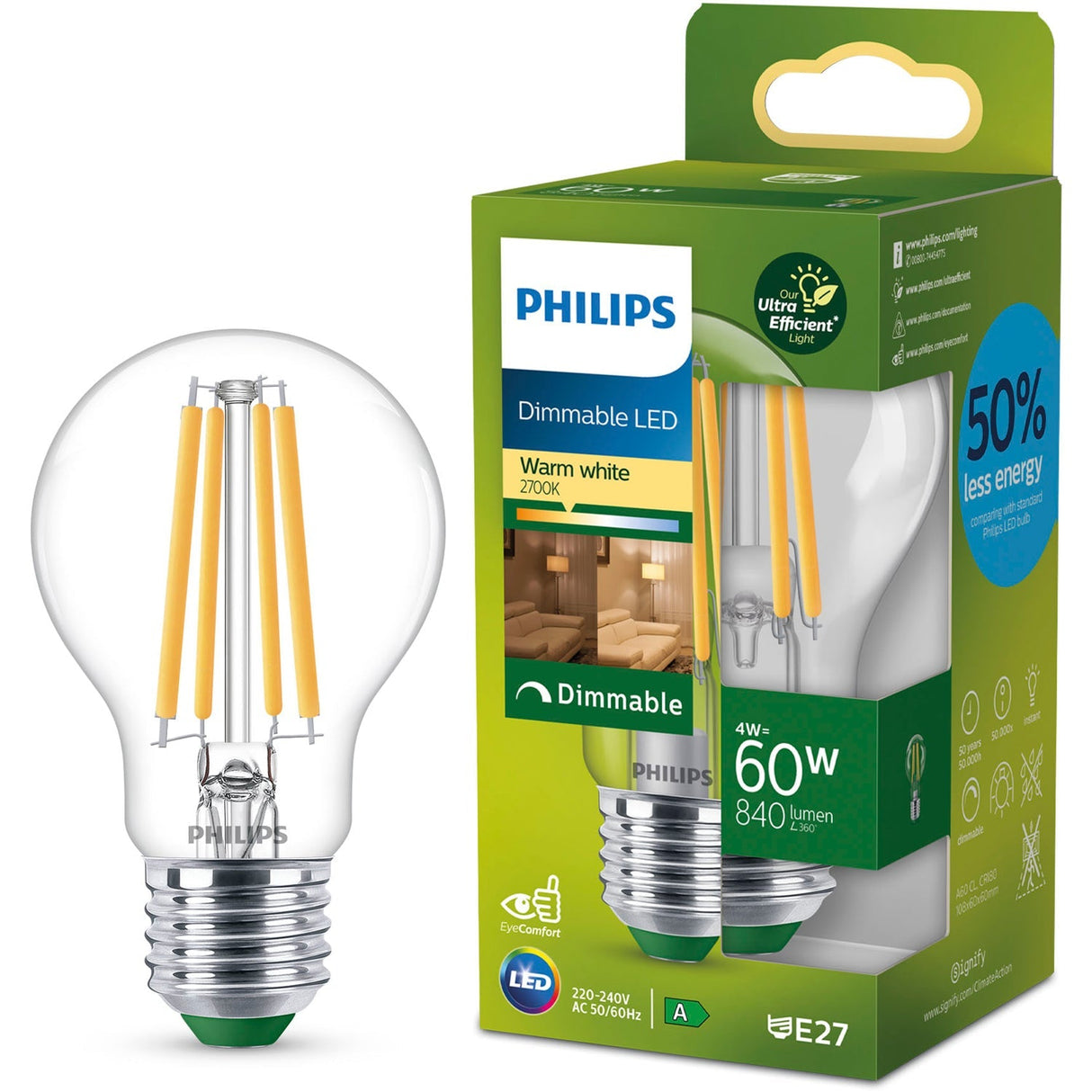 Philips LED E27 Normal A60 4 W (60 W) Klar 840 lm Dimbar 2700 K Energiklass A