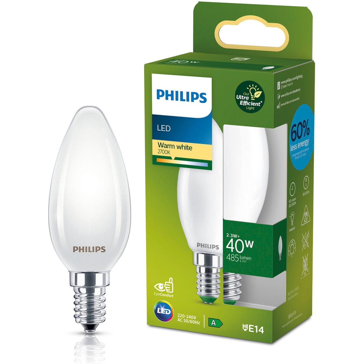 Philips Led E14 Kron B35 2,3W (40W) Frostad 485Lm 2700K Energiklass A