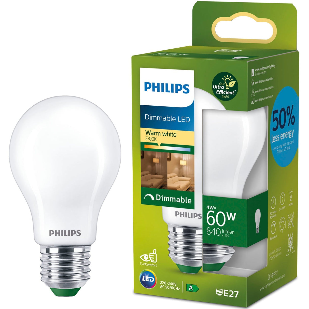 Philips LED E27 Normal A60 4 W (60 W) Frostad 840 lm Dimbar 2700 K Energiklass A