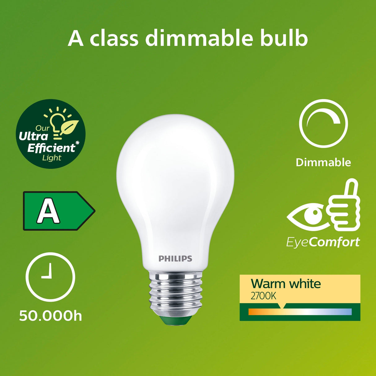 Philips LED E27 Normal A60 4 W (60 W) Frostad 840 lm Dimbar 2700 K Energiklass A