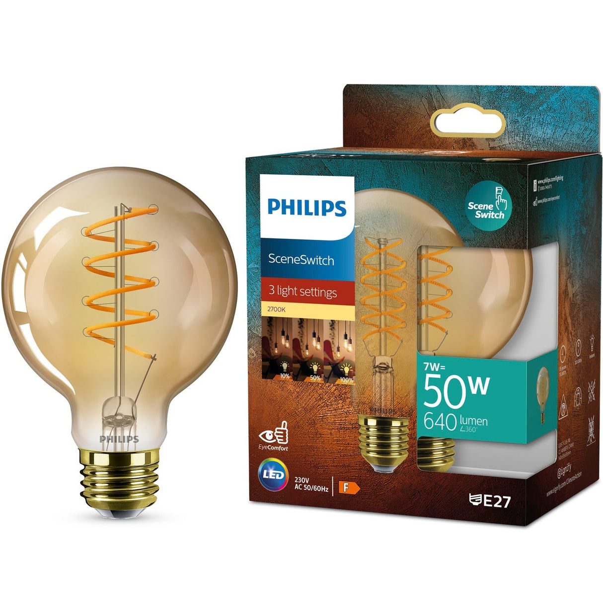 Philips LED SceneSwitch E27 G95 7–3,8–1 W (50 W) Deco Spiral
