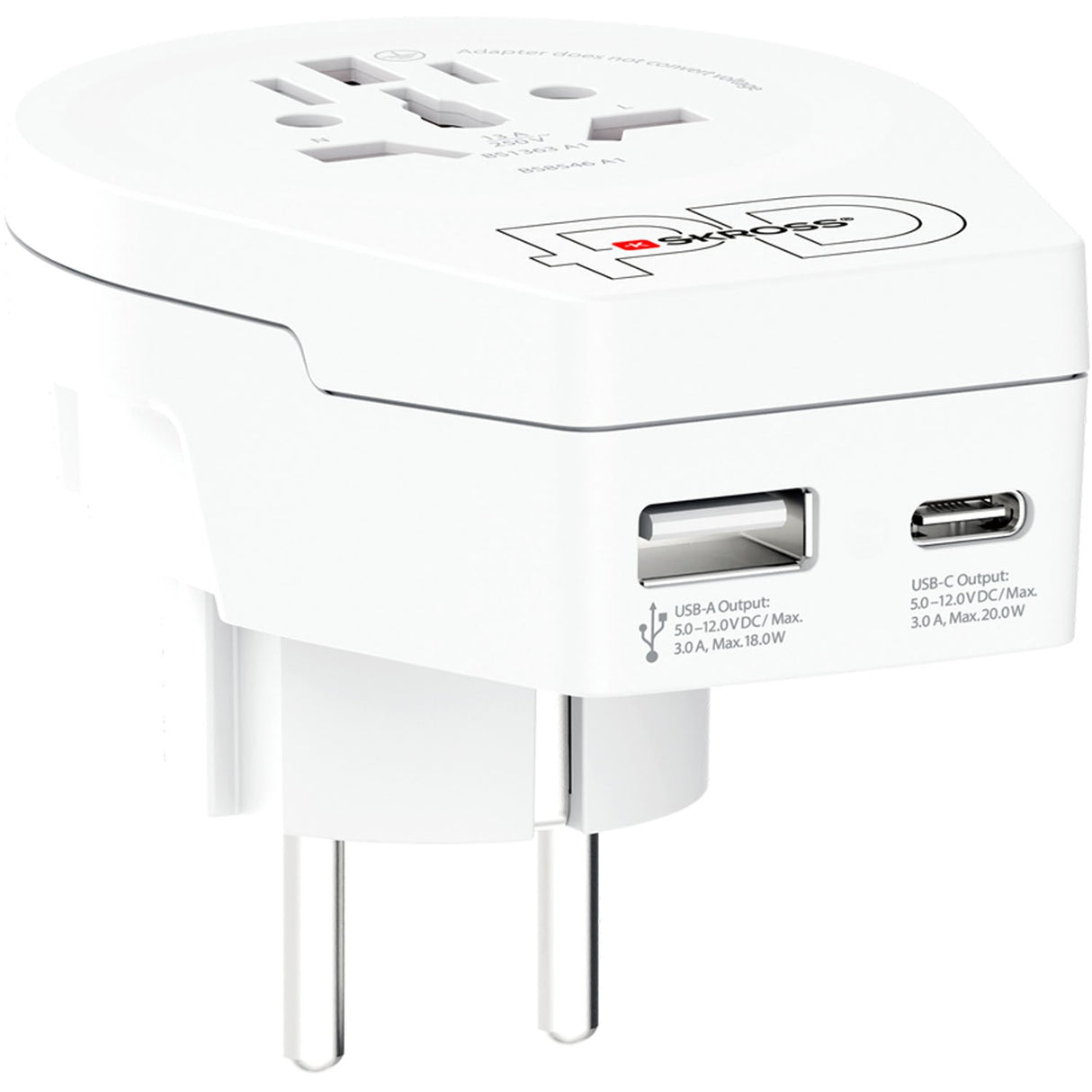 SKROSS Reseadapter Världen till Europa USB-A/USB-C 20W Jordad