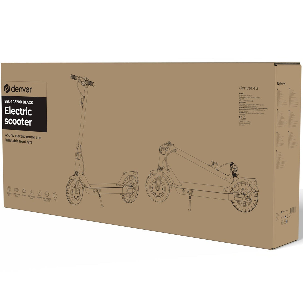Denver E-Scooter 450W Motor 20Km/H 10" Hjul Ipx4 Svart