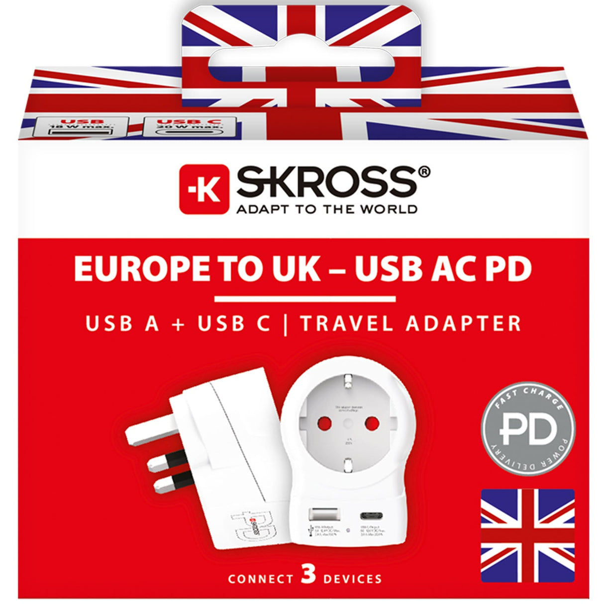 Skross Reseadapter Europa Till Uk M.Fl. Usb-A/Usb-C 20W Pd Jordad