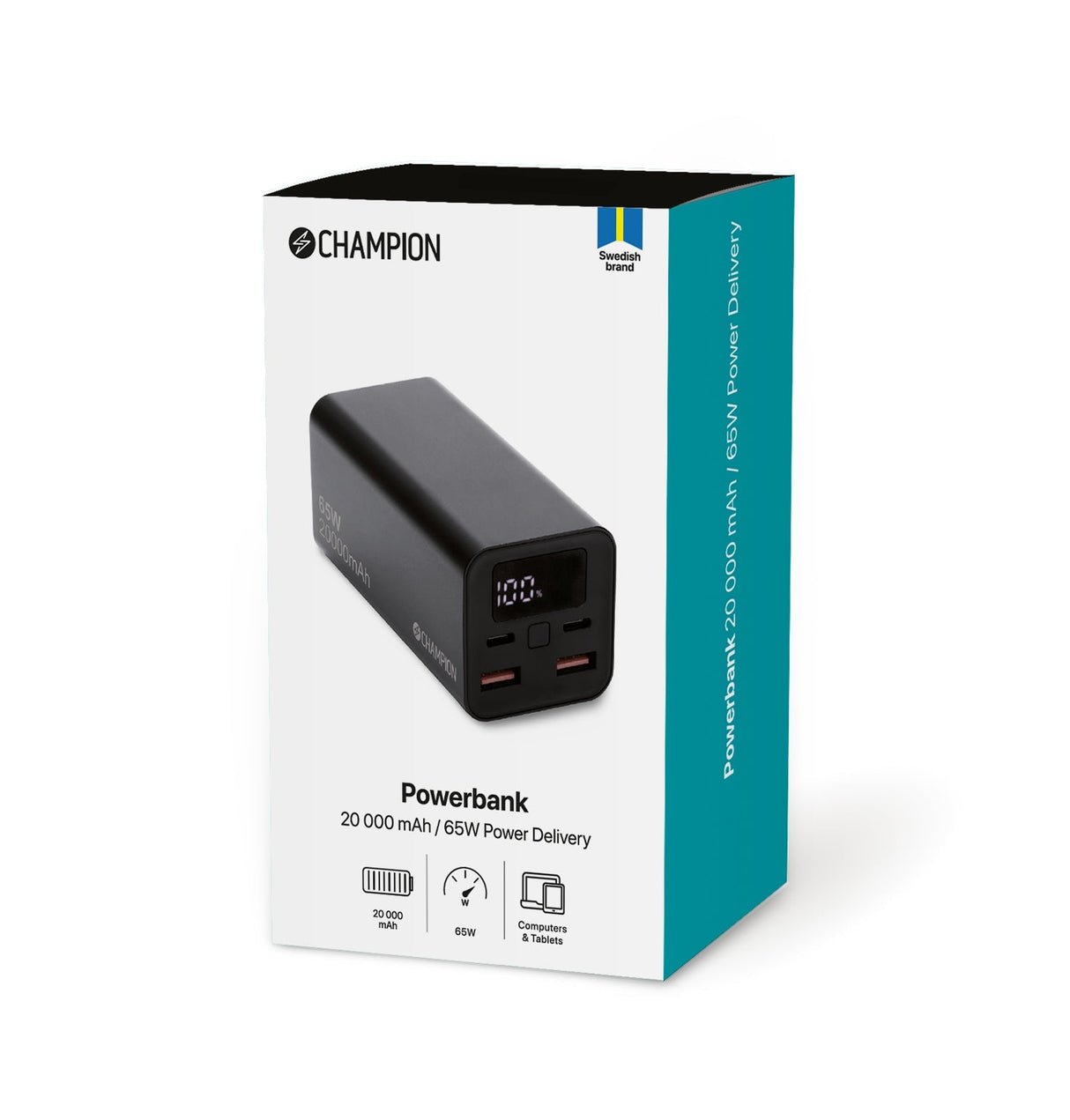 Champion PowerBank 20.000 Mah 65W PD - Svart