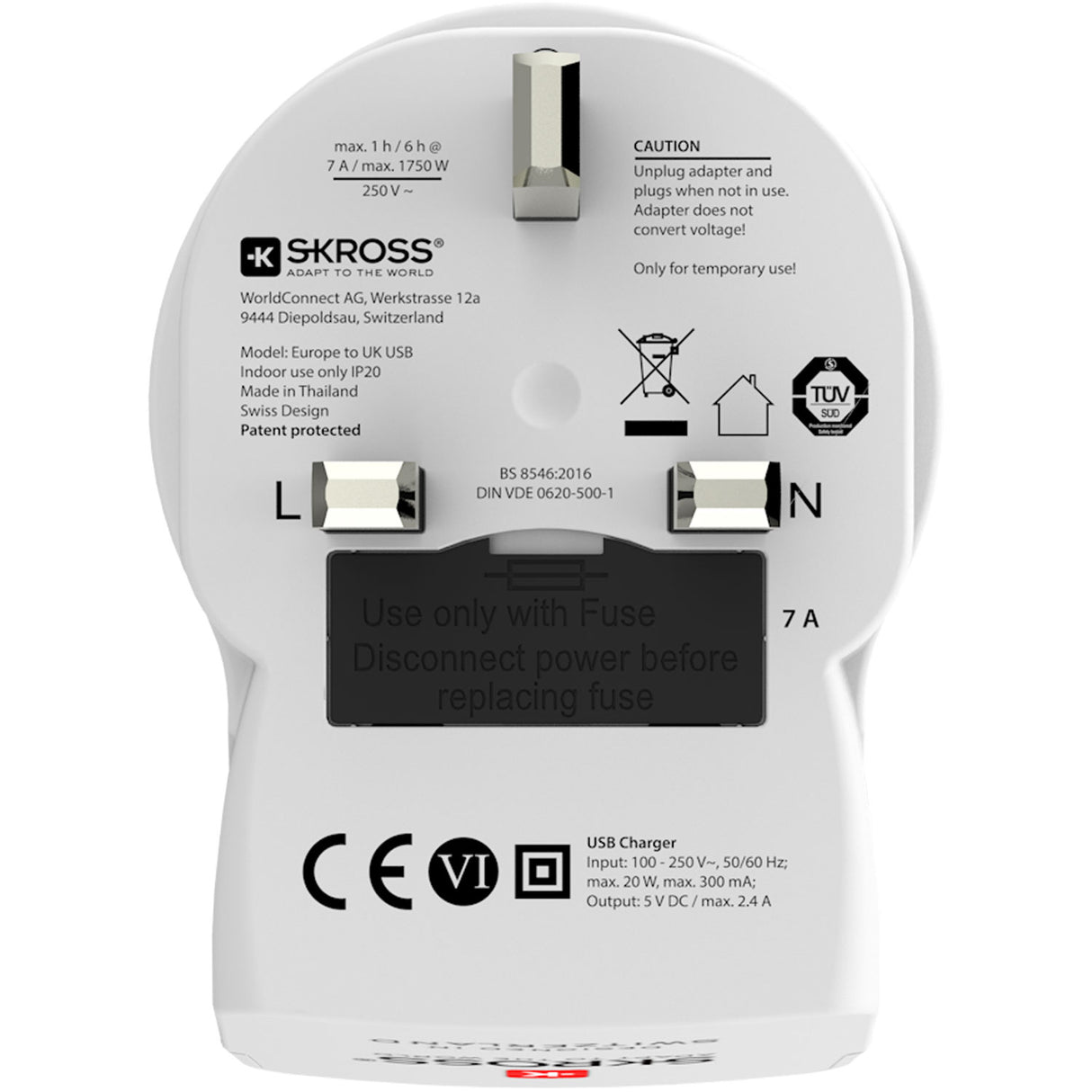 SKROSS Reseadapter Europa till UK m.fl. 2xUSB-A 12W Jordad