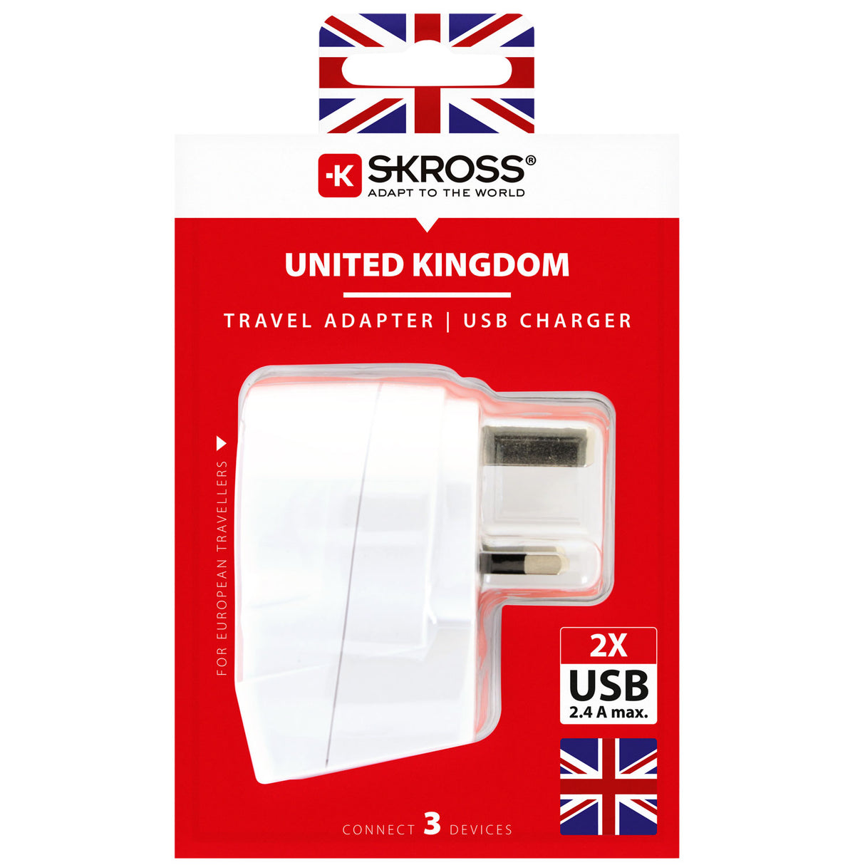 SKROSS Reseadapter Europa till UK m.fl. 2xUSB-A 12W Jordad