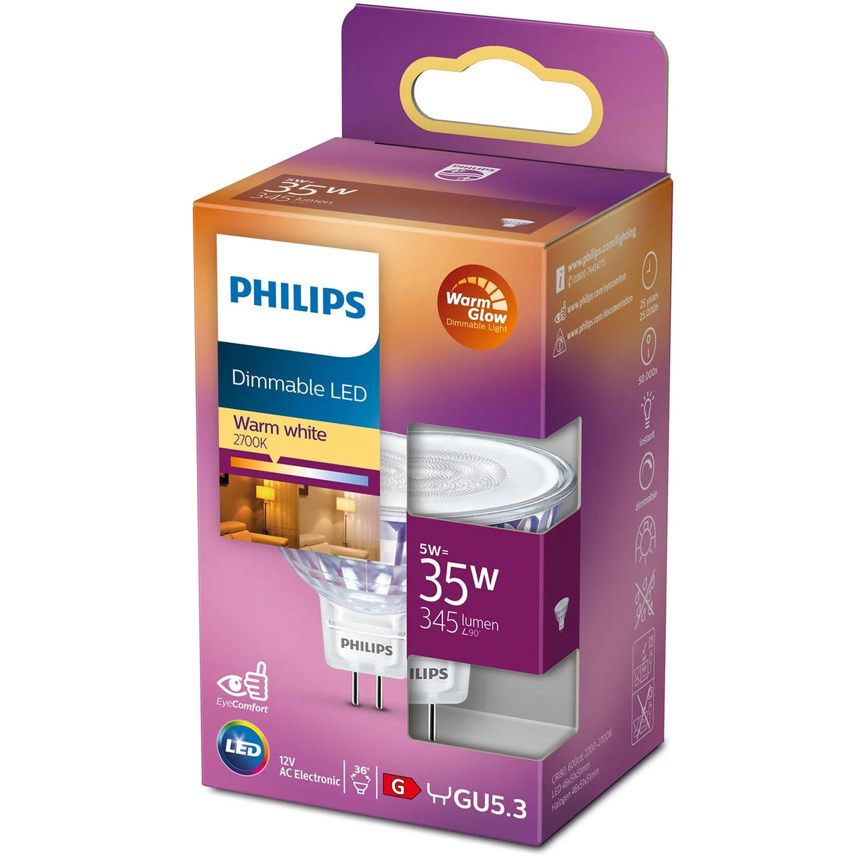 Philips LED GU5.3 Spot 35W 12V Dimbar WarmGlow 345lm