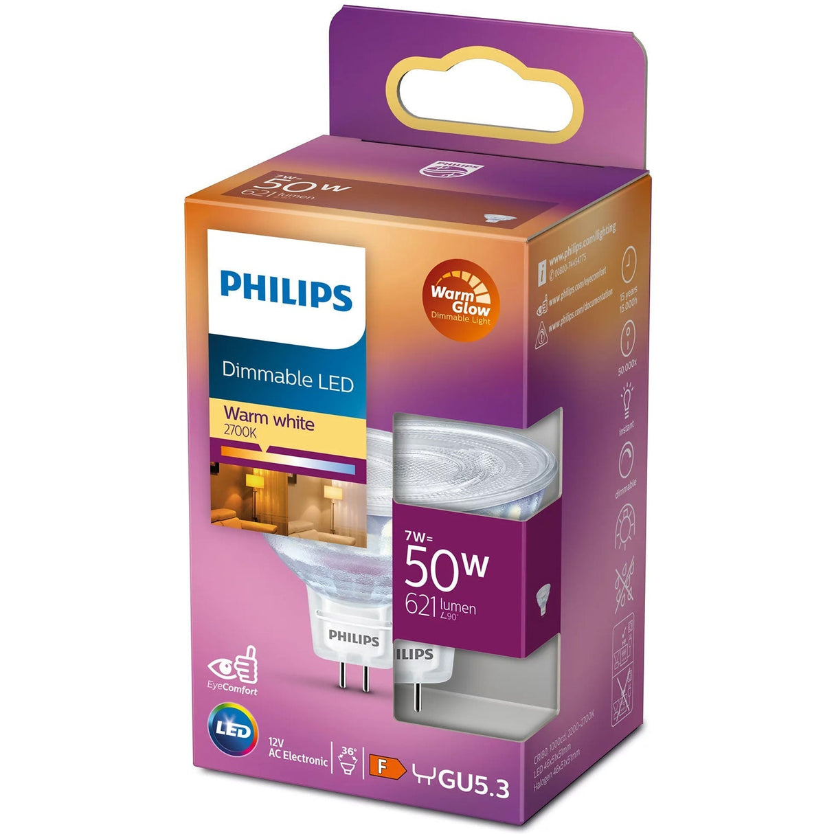 Philips LED GU5.3 Spot 50W 12V Dimbar WarmGlow 621lm