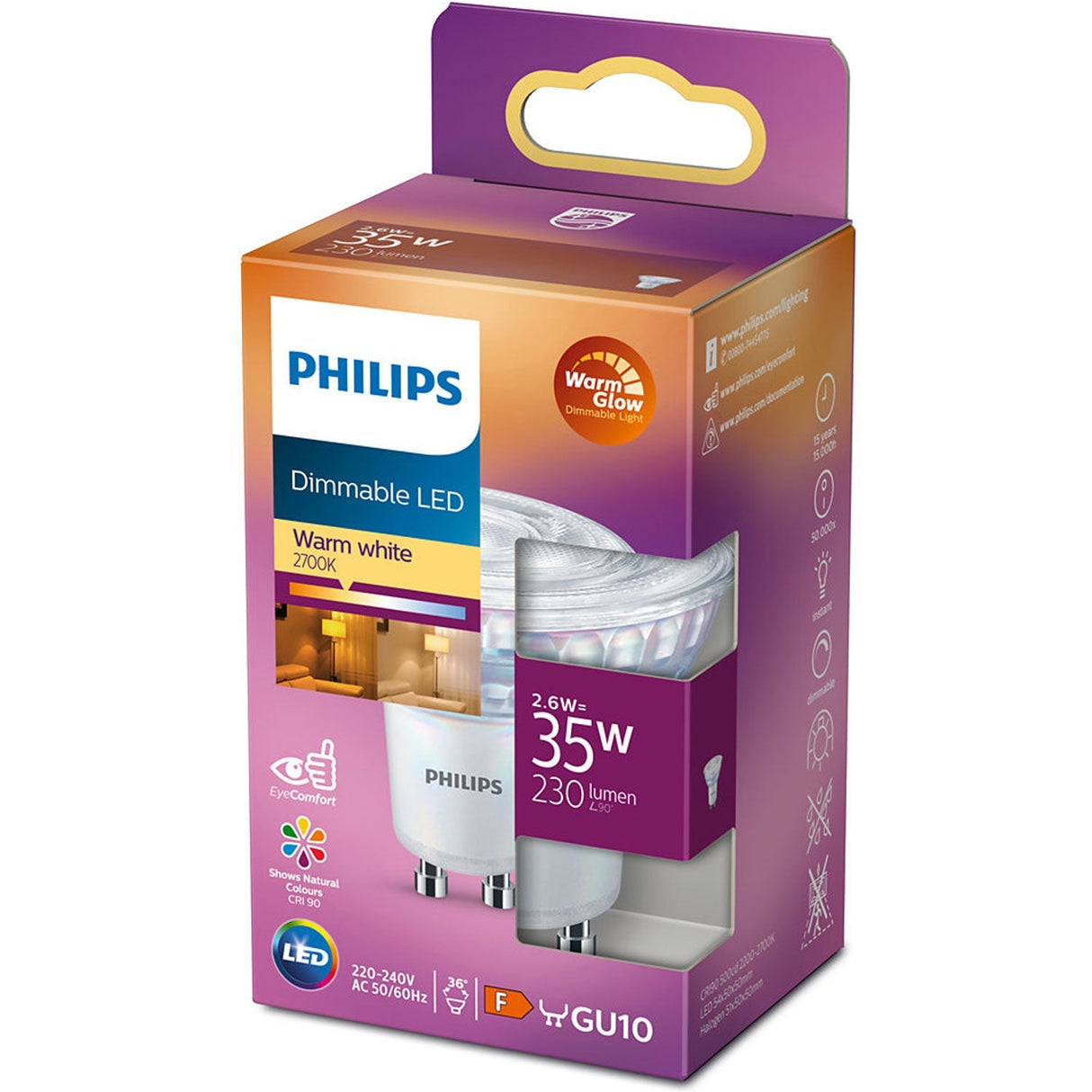 Philips LED GU10 Spot 2,6W (35W) Dimbar WarmGlow 230lm