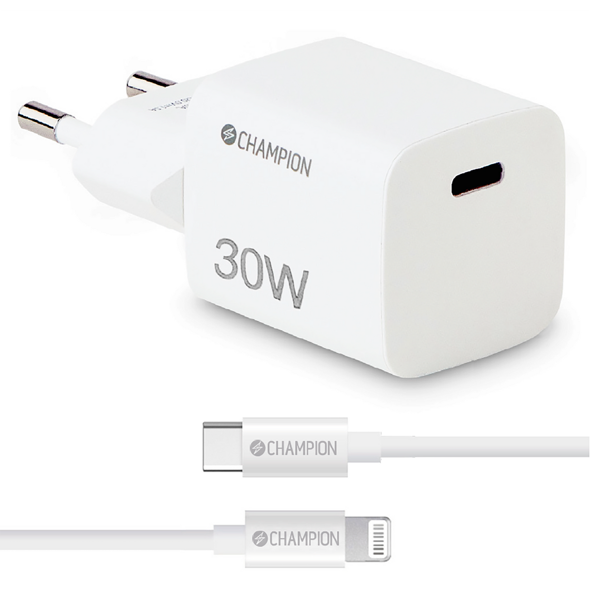 Champion Laddare 30W + USB-C till Lightning Kabel - Vit