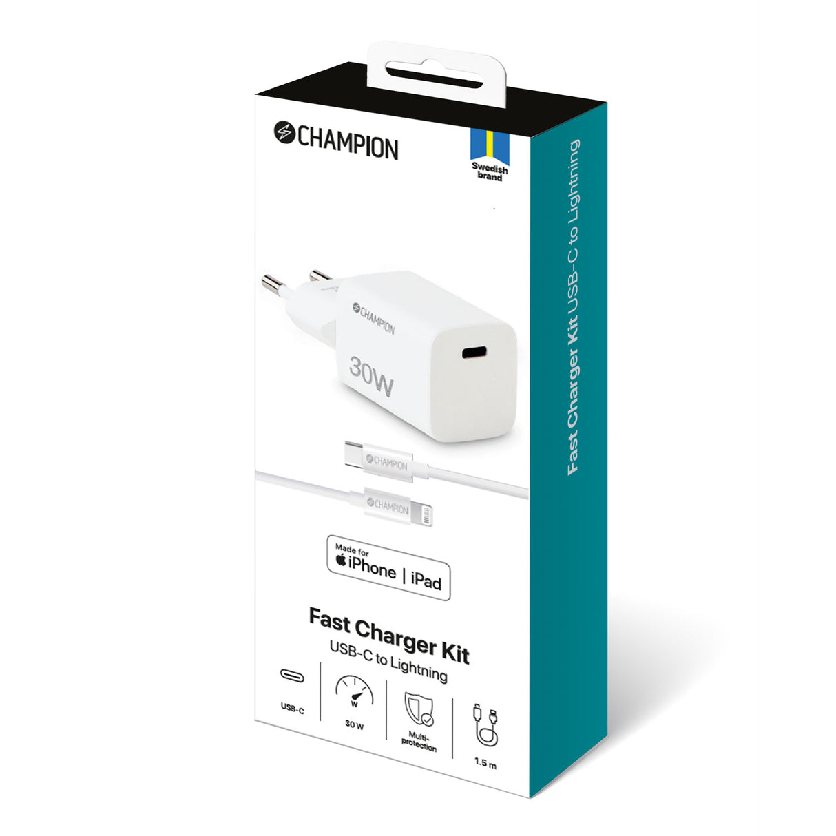 Champion Laddare 30W + USB-C till Lightning Kabel - Vit