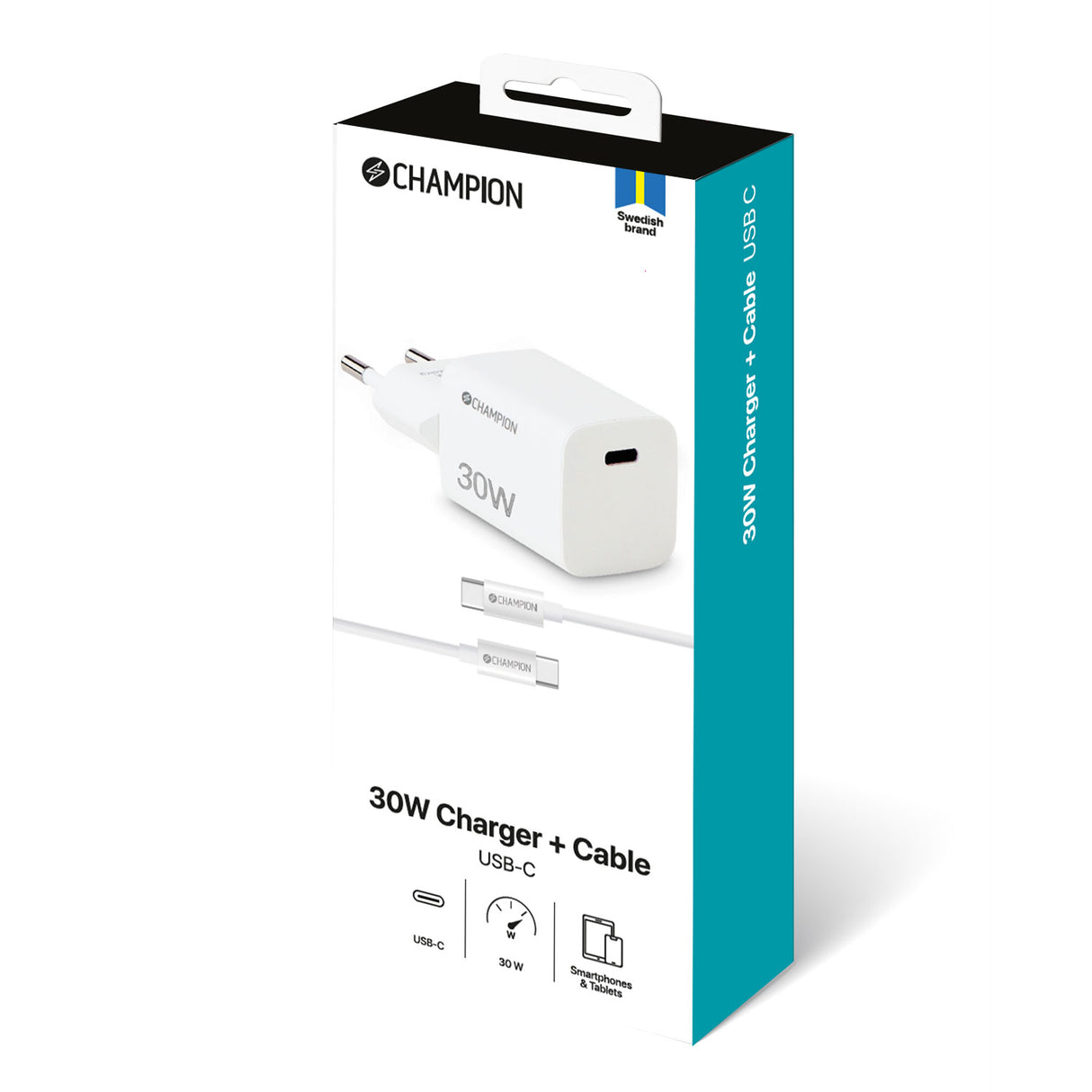 Champion Laddare 30W + USB-C Kabel - Vit
