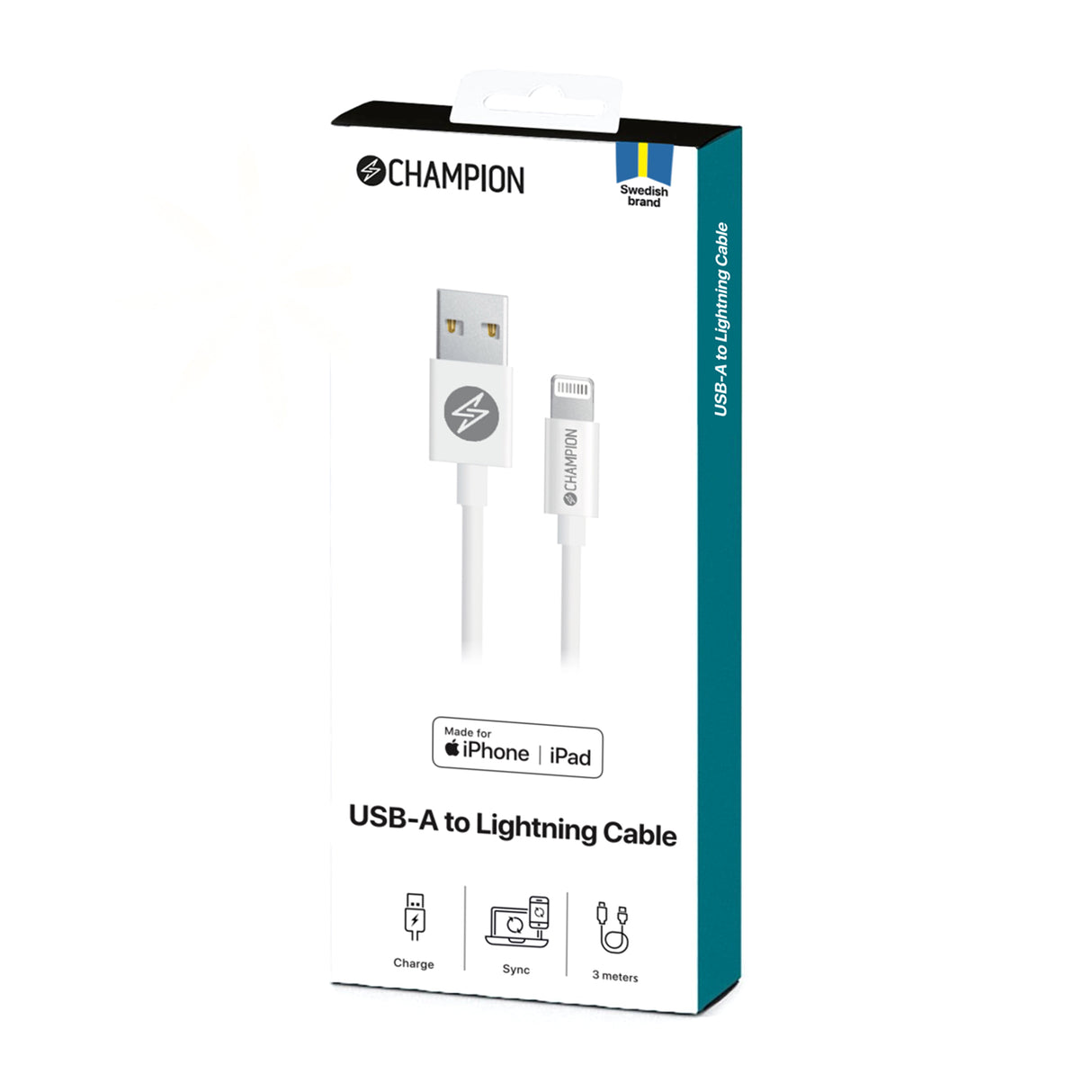 Champion USB-A till Lightning Kabel 3m - Vit