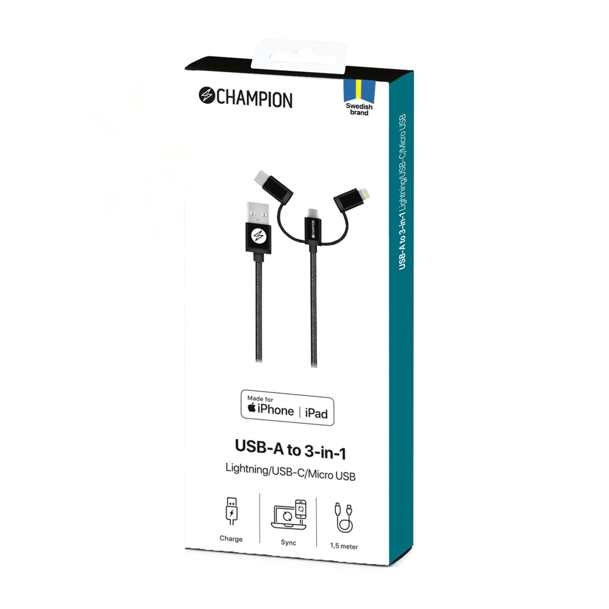 Champion USB-A till Lightning, USB-C och Micro-USB 1,5m - Svart