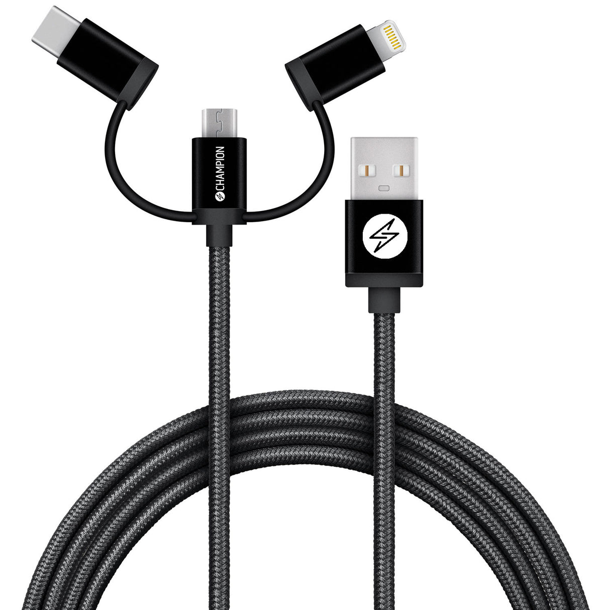 Champion USB-A till Lightning, USB-C och Micro-USB 1,5m - Svart