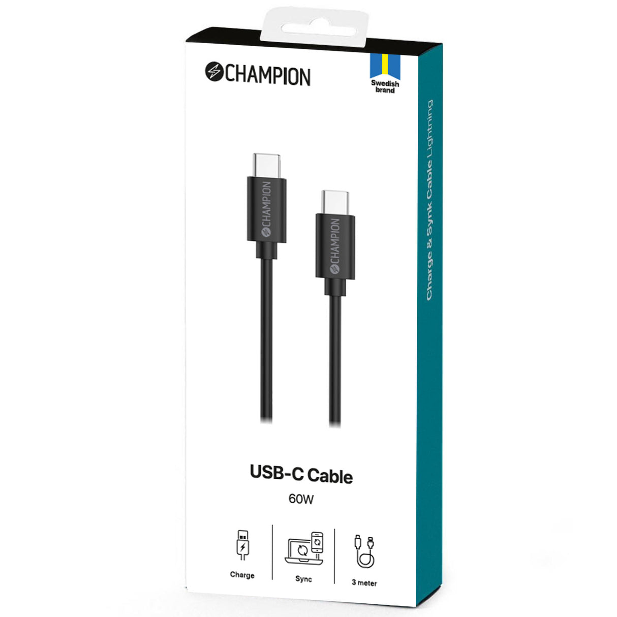 Champion USB-C Kabel 60W 3m - Svart