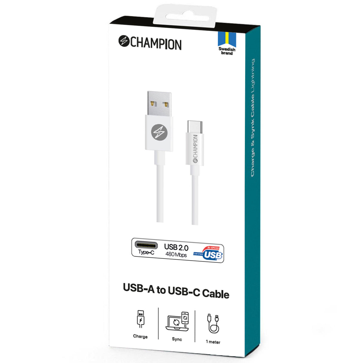 Champion USB-A till USB-C Kabel 1m - Vit