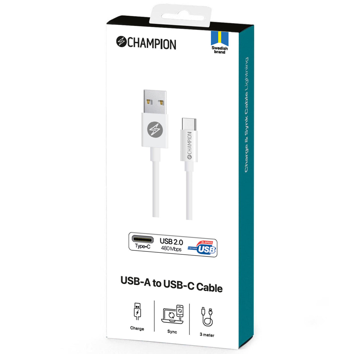 Champion USB-A till USB-C Kabel 3m - Vit