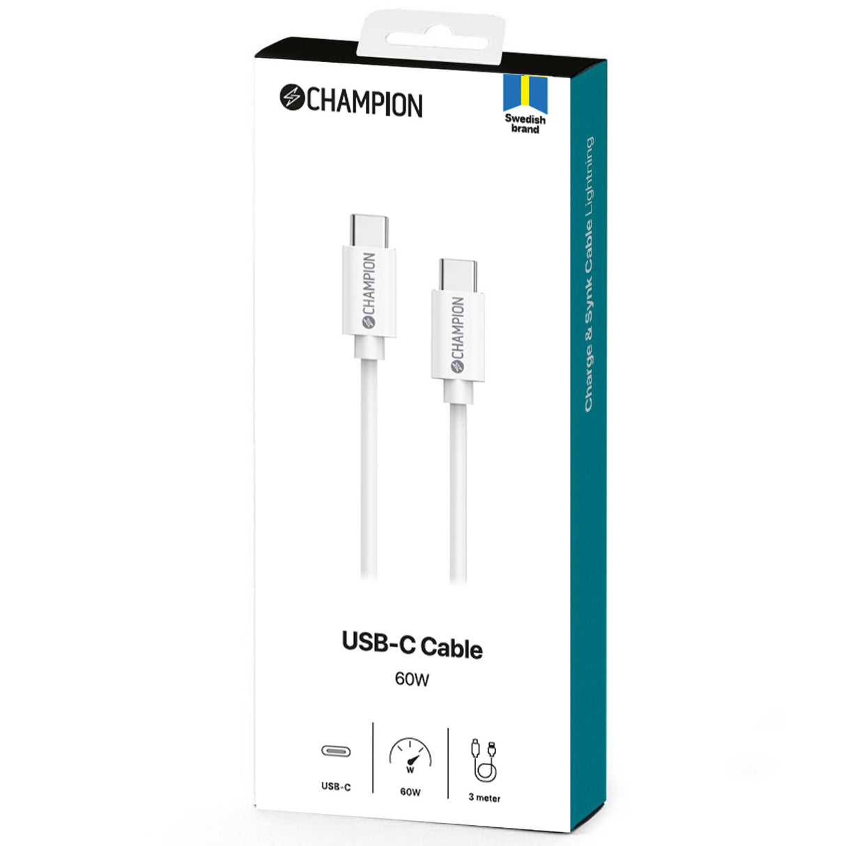 Champion USB-C Kabel 60W 3m - Vit