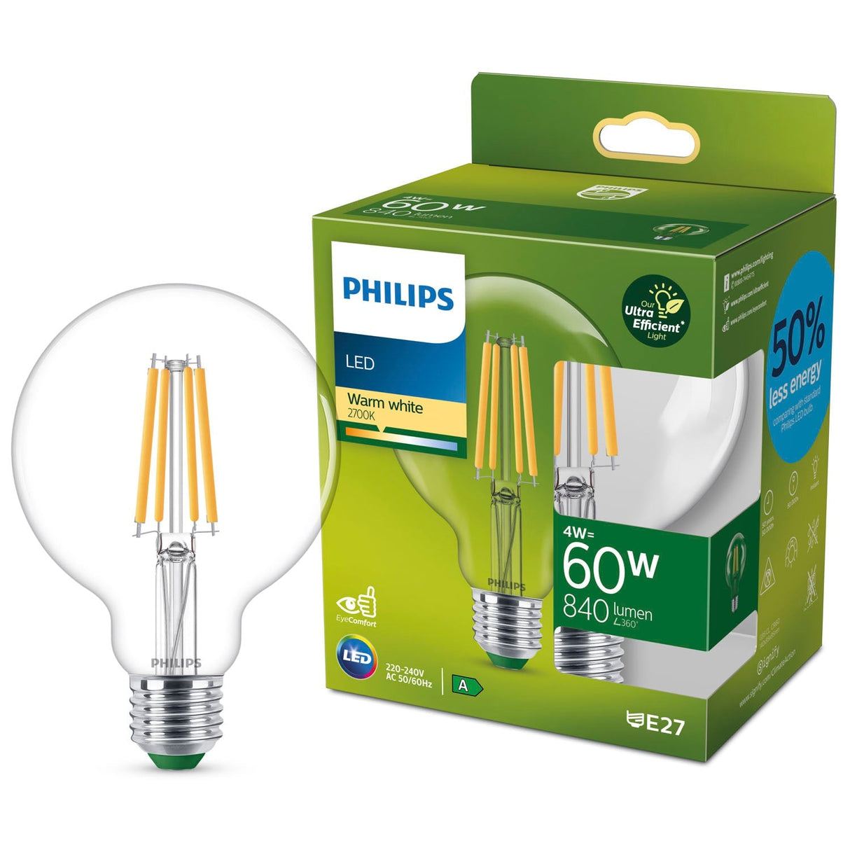 Philips Led E27 G95 Glob 4W (60W) Klar 840Lm 2700K Energiklass A